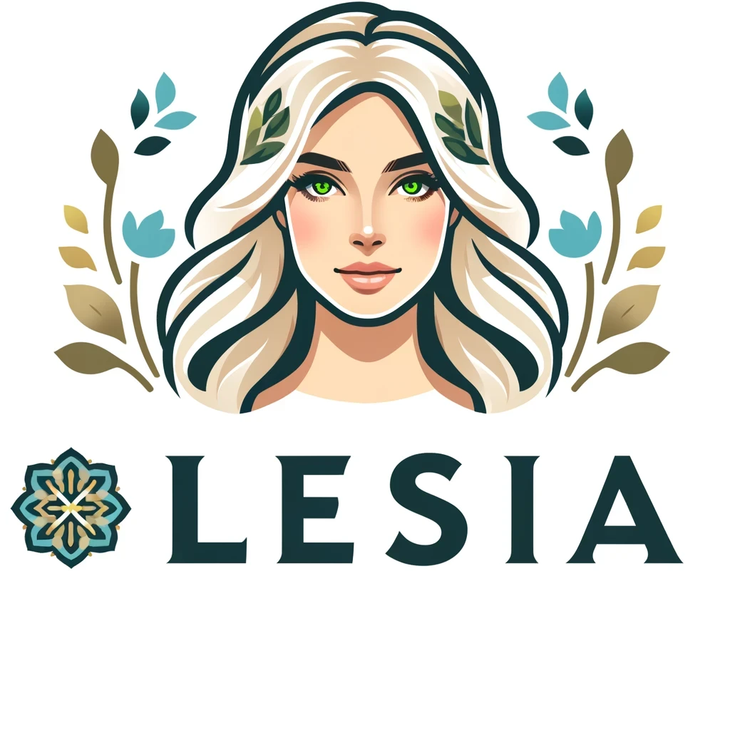 Professional logo for Lesia, a beautiful blonde Ukrainian psychologist with green eyes. The logo features a stylized portrait of a blonde woman with green eyes, surrounded by minimalistic floral motifs and Ukrainian colors (blue and yellow). The name 'LESIA' is prominently displayed below the portrait."